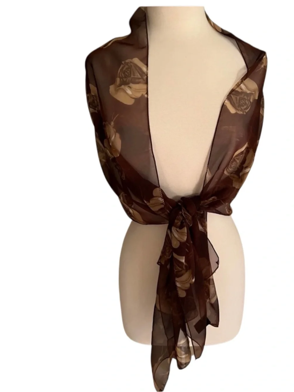 Vintage Sheer Brown Rose Scarf Long Floral Oblong Made in Korea